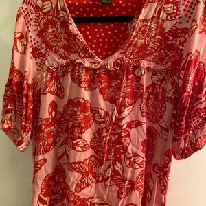 From Anthropologie, brand is Vineet Bahl. Fun Red and Pink Floral Blouse